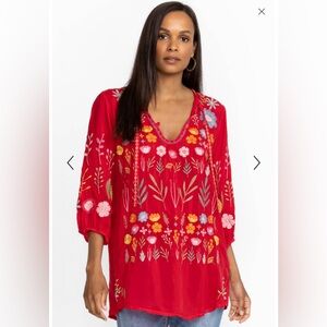 Johnny Was XL Mikah Tunic Red Floral Boho Embroidered Blouse Top